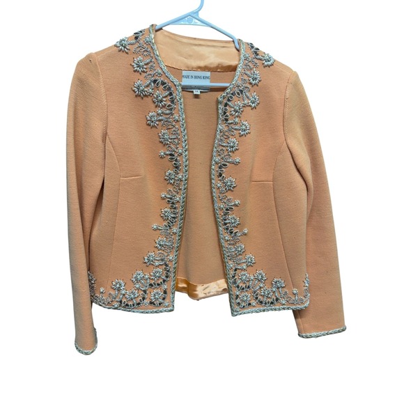 Vintage Sweaters - Vintage Peach Wool Beaded Cardigan Jacket Pearl Floral Hong Kong Womens 14
